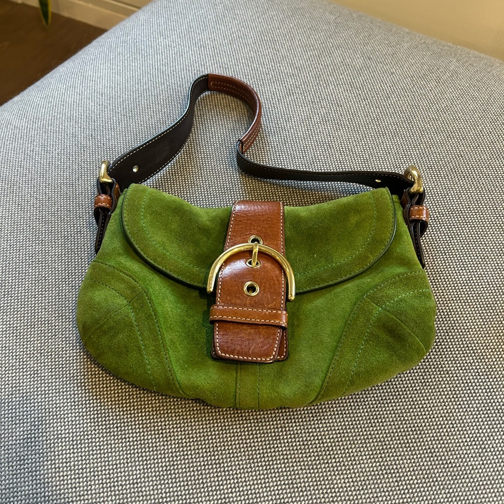 Green Suede Women's Bag with Brown Leather Accents